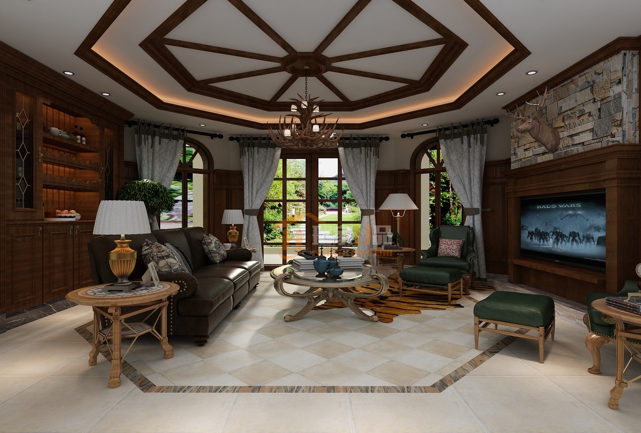 客厅以美式厚重色调为装饰，木质材质勾勒出整体结构，挑高的空间增加通透感的同时也给人开阔的视觉，使空间更加大气。宽大的落地玻璃让窗外的天光无阻碍地步入室内，使得室内光线充盈。具有美式特色的沙发和茶几，错落有致的摆放在空间中，棕色色调与背景很好的融合在一起。
